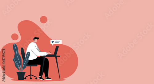 Man working remotely on laptop at home office, with a speech bubble indicating online communication or social media interaction. Ideal for business, technology, and lifestyle concepts.