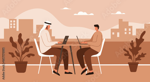 Two diverse men, one in traditional Arab attire, collaborate on laptops outdoors against a modern cityscape, symbolizing global remote work and business.