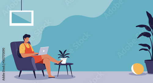 Man working on laptop in comfortable armchair at home, embodying remote work, online learning, and modern digital lifestyle.