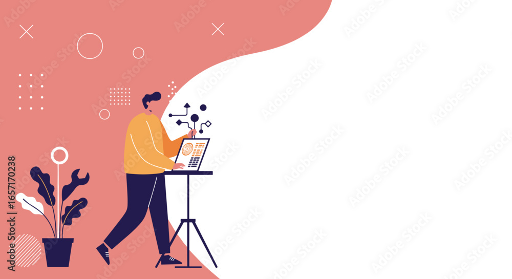 Obraz premium Professional man analyzes data on laptop, symbolizing digital innovation, software development, and modern problem-solving in a vibrant, tech-focused environment.