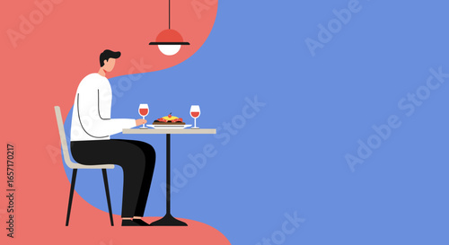 Minimalist illustration of a person dining solo at a restaurant with food and wine glasses, depicting leisure and hospitality.