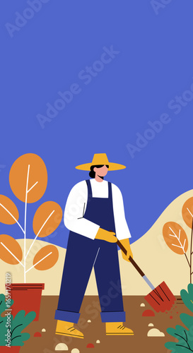 Person in overalls and hat gardening, digging soil with a shovel. Depicts horticulture, organic farming, sustainable living, and outdoor hobbies.