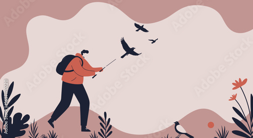 A person with a backpack and walking stick enjoys nature, observing flying birds in a serene landscape. Ideal for travel, outdoor activities, or peaceful exploration concepts.