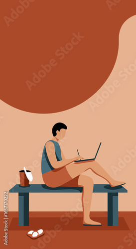 Man working on laptop with stylus in a relaxing sauna or spa environment, symbolizing remote work, creativity, and digital lifestyle.