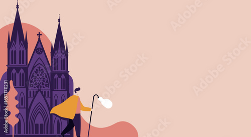 A lone traveler with a lantern staff walks toward a majestic gothic cathedral, symbolizing exploration, spiritual journey, and historical discovery.