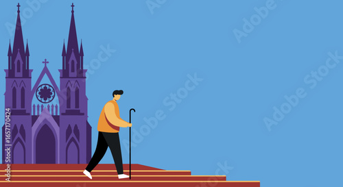 Man with a cane walking on steps towards a majestic gothic church, representing spirituality, pilgrimage, or historical tourism.