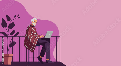 Mature man in a poncho working on a laptop and drawing tablet on a balcony. Concept of remote work, digital creativity, and flexible lifestyle.