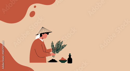 Person in traditional conical hat handling herbs and ingredients. Represents Asian culture, natural remedies, agriculture, and traditional lifestyle.