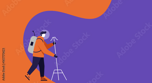 An explorer in futuristic gear walks across an unknown landscape, representing discovery, science, and the journey into new frontiers.