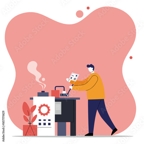 Professional man works on industrial machinery, overseeing production and innovation. Ideal for science, engineering, or technology concepts.