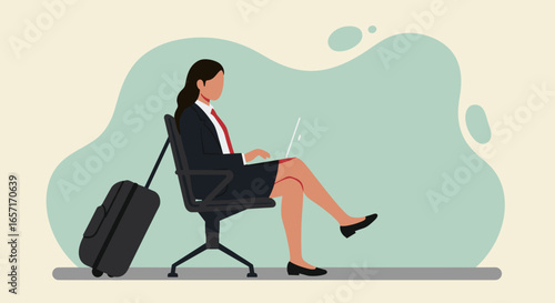 Professional woman working on laptop with luggage, symbolizing business travel, remote productivity, and modern corporate lifestyle.