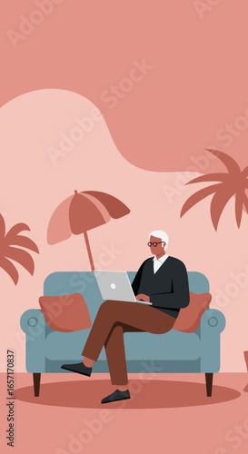 Senior man comfortably works on a laptop from a couch in a relaxed, tropical setting, depicting modern leisure, remote work, and travel.