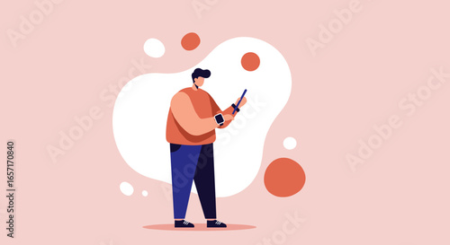 A modern man uses a smartphone and smartwatch, representing digital connectivity, mobile technology, and smart living. Ideal for concepts like remote work or online interaction.