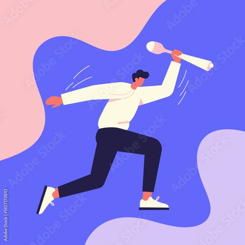 Dynamic illustration of a man running with an oversized spoon, symbolizing urgent hunger, fast service, or meeting large demands quickly. Ideal for food, business, or lifestyle concepts.