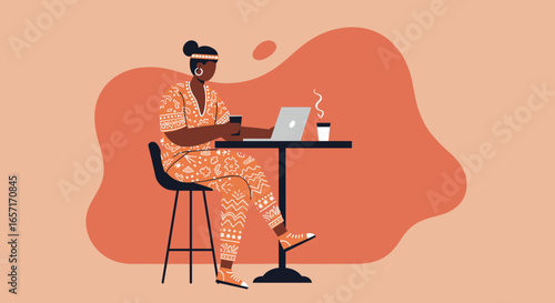 African American woman working remotely on laptop at cafe table, enjoying coffee. Ideal for business, freelance, or lifestyle concepts.