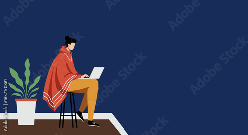 Minimalist illustration of a person working remotely on a laptop, perfect for modern digital lifestyle, education, or business concepts.