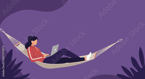 Woman works remotely from a hammock, enjoying flexible outdoor work. Concept of relaxed productivity, digital nomad lifestyle, and work-life balance.