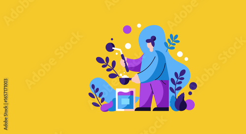 Stylized person preparing a mixture with natural elements, representing healthy living, mindful creation, and self-care. Ideal for lifestyle and wellness designs.