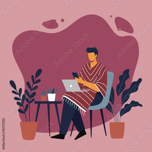 Man comfortably works from home, using laptop and phone in a relaxed indoor setting with plants. Ideal for digital lifestyle, remote work, and technology themes.