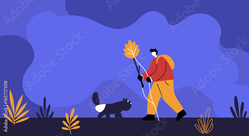 A person and their cat enjoy a peaceful autumn night walk, carrying a large leaf. Ideal for fall themes, outdoor activities, or pet companionship concepts.