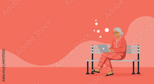 Elderly woman in pajamas relaxed on a bench, using a laptop. Represents seniors engaging with technology, comfortable digital connection, and leisure.