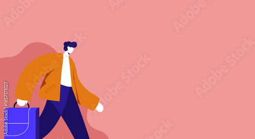 Stylish illustration of a person walking purposefully with a bag, representing daily commute, business, travel, or modern lifestyle.