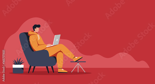 Person working remotely on laptop from comfortable armchair. Illustrates modern digital lifestyle, online education, or freelance business concepts.