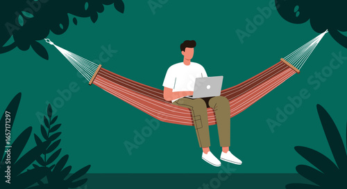 Man working remotely on his laptop from a relaxing hammock outdoors, embodying flexible lifestyle, travel, and digital nomad concepts.