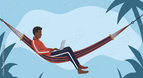 Man working remotely on a laptop in a comfortable hammock, surrounded by tropical foliage. Ideal for illustrating flexible work, travel, and lifestyle balance.