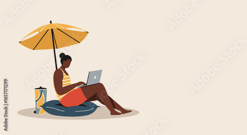 Relaxed person works on laptop under a beach umbrella, representing remote work, digital nomad lifestyle, and summer productivity. Ideal for travel and business concepts.