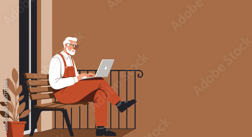Senior man working remotely on laptop from a cozy balcony, blending leisure with productivity. Represents modern lifestyle, connectivity, and remote work.