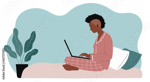 Person in pajamas using a laptop in bed, embodying comfortable remote work, online learning, and a modern, relaxed lifestyle.