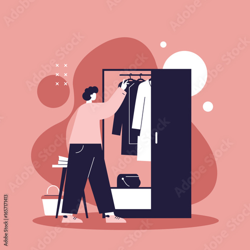 A person organizes their wardrobe, selecting clothes from a hanging rack in a minimalist home setting. Depicts daily routine, fashion, and mindful living.