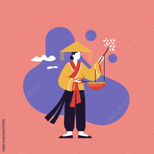 Traditional Asian figure in cultural attire and conical hat, holding a scale with grains, representing balance, culture, and harvest. Ideal for travel, cultural events, or historical themes.