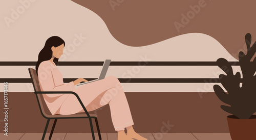 Woman in pajamas comfortably working on laptop on a balcony. Ideal for concepts of remote work, online business, and relaxed modern lifestyle.