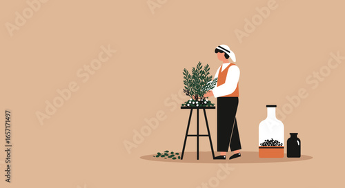 Person in traditional attire carefully harvesting berries or olives from a plant, preparing natural ingredients. Depicts sustainable agriculture or traditional food production.