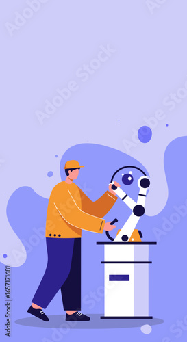 Man in an orange shirt operates a futuristic robotic arm, symbolizing automation, technological advancement, and the future of industrial work.