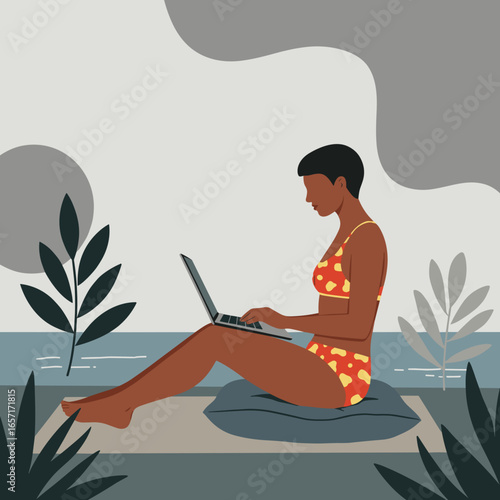 A woman in a swimsuit works on her laptop by the water, embodying remote work and a relaxed digital nomad lifestyle.