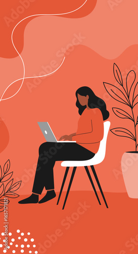 Woman working remotely on laptop at home, embracing a modern digital lifestyle. Ideal for business, education, and technology themes.