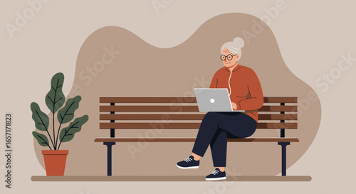 Mature woman with laptop on a park bench, embracing technology for online learning, communication, or leisure. Represents digital literacy & modern lifestyle.