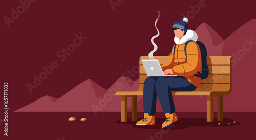 Person using a laptop outdoors on a bench in a serene landscape, depicting remote work, digital nomad lifestyle, and flexible travel.