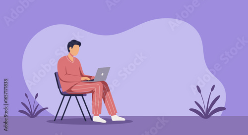 Young man in loungewear uses laptop at home. Represents remote work, online learning, or digital nomad lifestyle. Concepts of comfort, productivity, and flexibility.