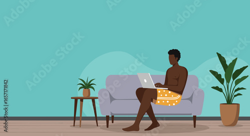 Relaxed man working remotely from home on a laptop, comfortably seated on a couch in a bright, modern living room. Ideal for lifestyle, freelance, or digital nomad themes.