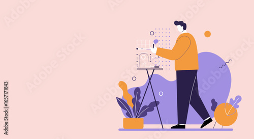 Modern abstract illustration of a professional working on a project or data analysis board, symbolizing planning, creativity, and business strategy.