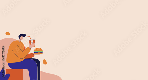 An illustrated man holds a burger and soda, enjoying a casual fast-food meal or quick break. Ideal for lifestyle, food, and convenience concepts.