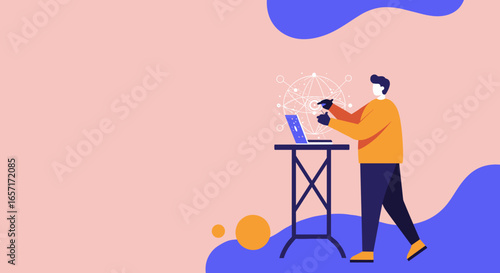 A man interacts with a holographic global network, showcasing modern technology, data analysis, or virtual collaboration. Ideal for tech, business, and innovation concepts.