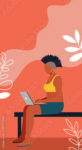 Modern illustration of a person with a mohawk haircut working remotely on a laptop, embodying freelance lifestyle and digital connectivity.