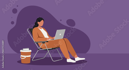 Woman working remotely on laptop in a relaxed setting, embodying flexible work-life balance and digital nomad lifestyle.