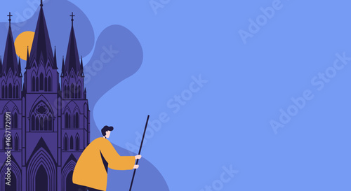 Traveler explores a magnificent Gothic cathedral under a full moon at night, depicting historical tourism and spiritual journeys. Ideal for travel or architecture.