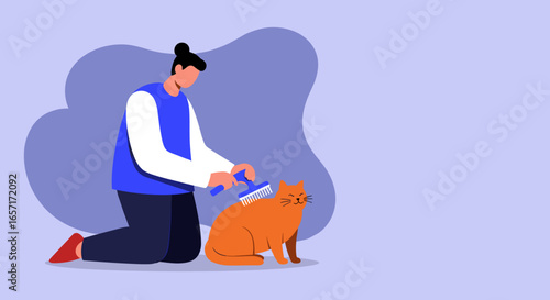 Person gently grooming their happy orange cat with a brush, symbolizing pet care, companionship, and a loving bond at home.